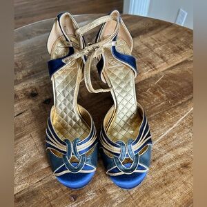 Women's Navy and Gold Strappy Peep-Toe Heels